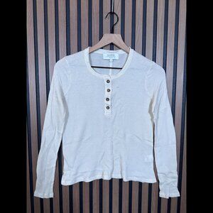 La Ligne Top Large Ivory Thermal Waffle Knit Long Sleeve Henley Cotton Modal